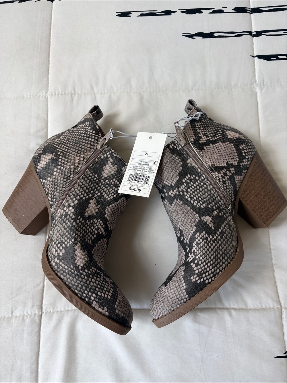 Universal Thread Snake-Print Ankle Booties in Taupe and Black
